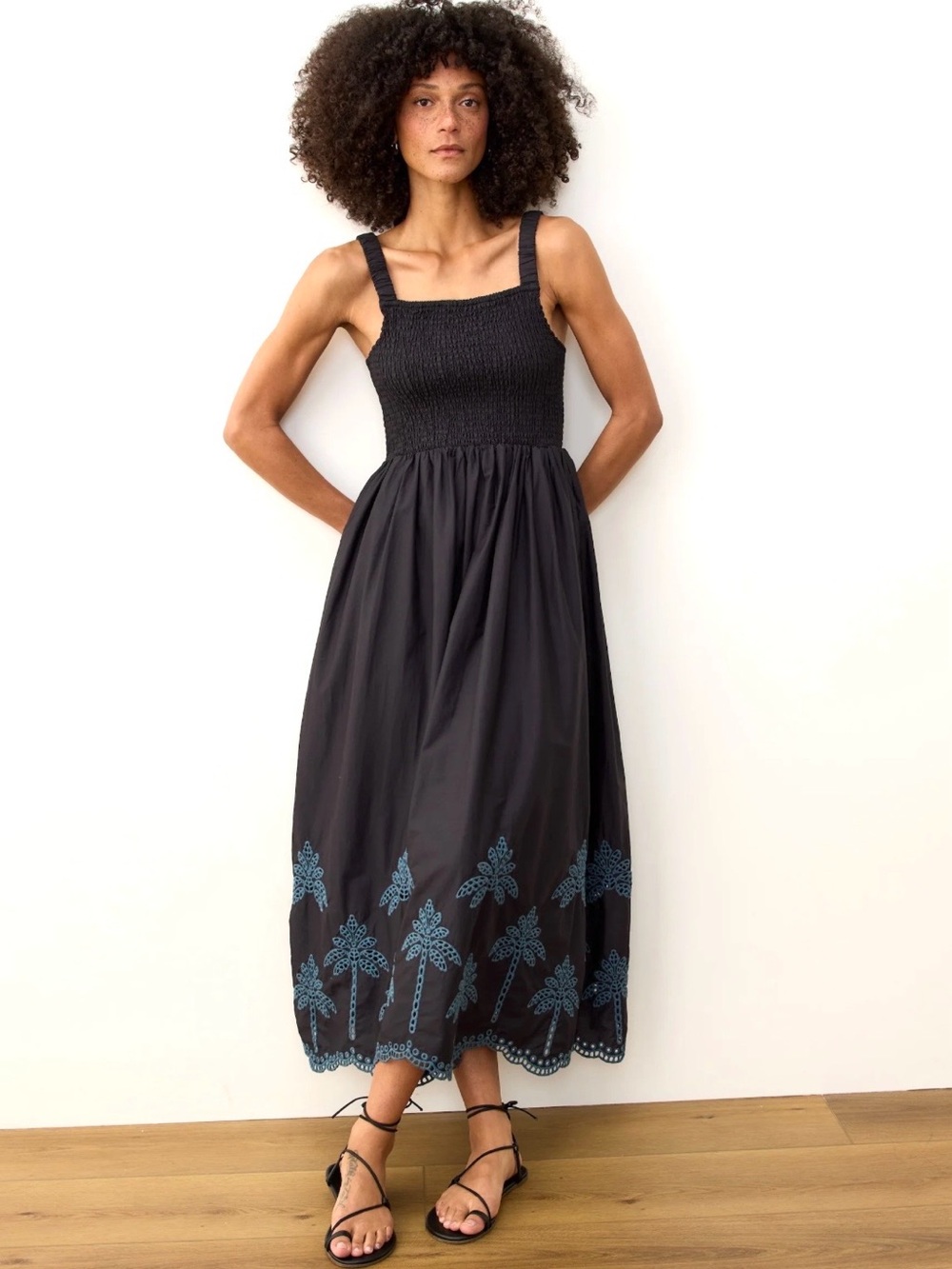 Marine Layer Selene Black Embroidered Cotton Poplin Maxi Dress